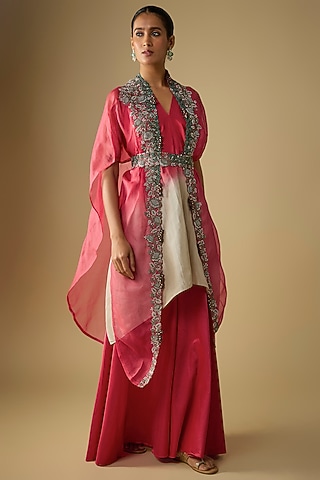Deep Coral Organza Thread Work Cape Set by Prisho