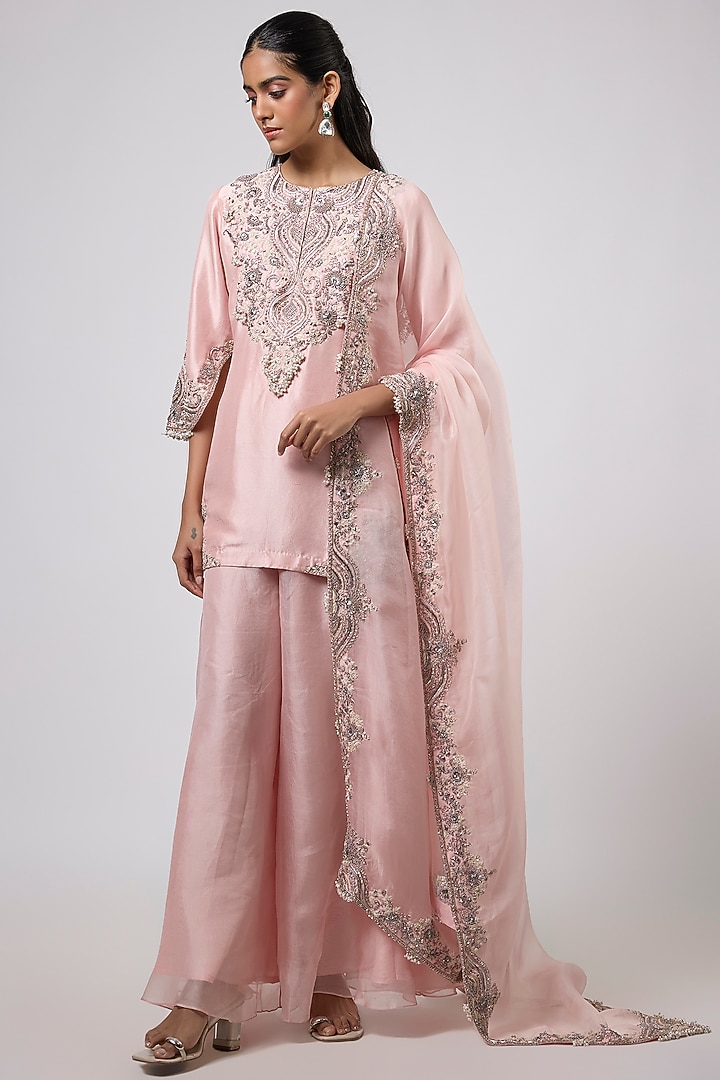Flamingo Colored Silk Wedding Sharara Set by Prisho at Pernia's Pop Up Shop