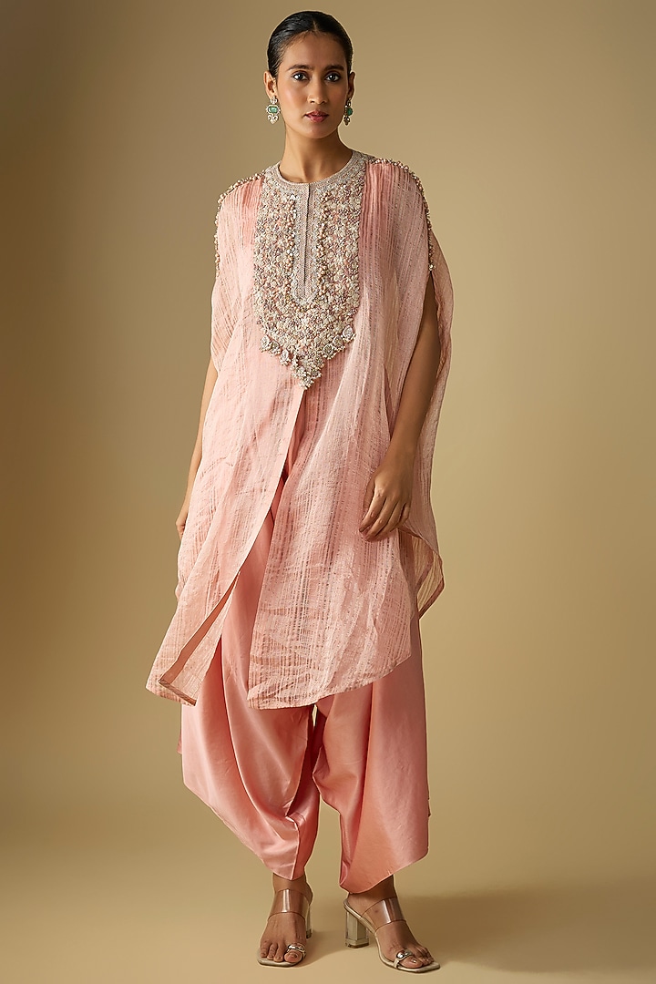 Flamingo Colored Tissue Resham Work Kaftan Set by Prisho at Pernia's Pop Up Shop