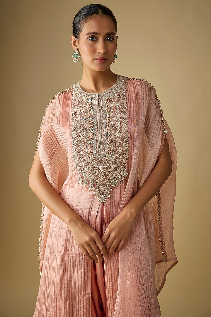 Flamingo Colored Tissue Resham Work Kaftan Set by Prisho at Pernia's Pop Up Shop