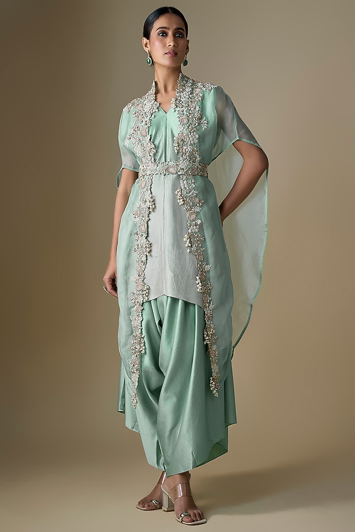 Aqua Organza Resham Work Cape Set by Prisho at Pernia's Pop Up Shop