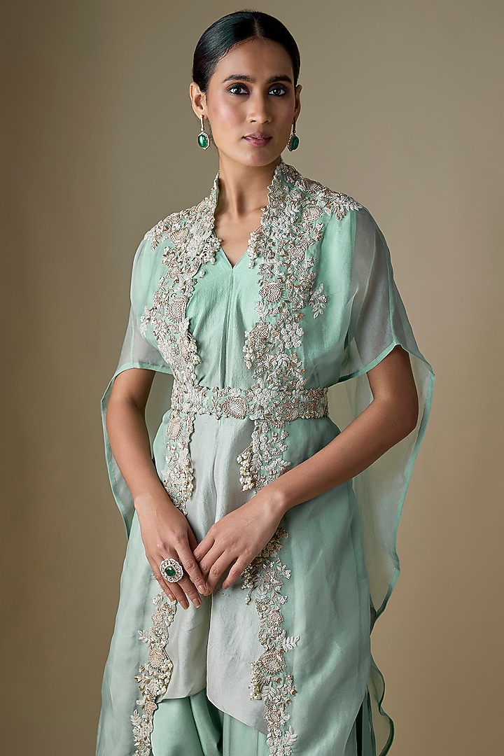 Aqua Organza Resham Work Cape Set by Prisho at Pernia's Pop Up Shop