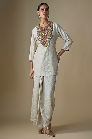Aqua Crushed Silk Dhoti Set by Prisho