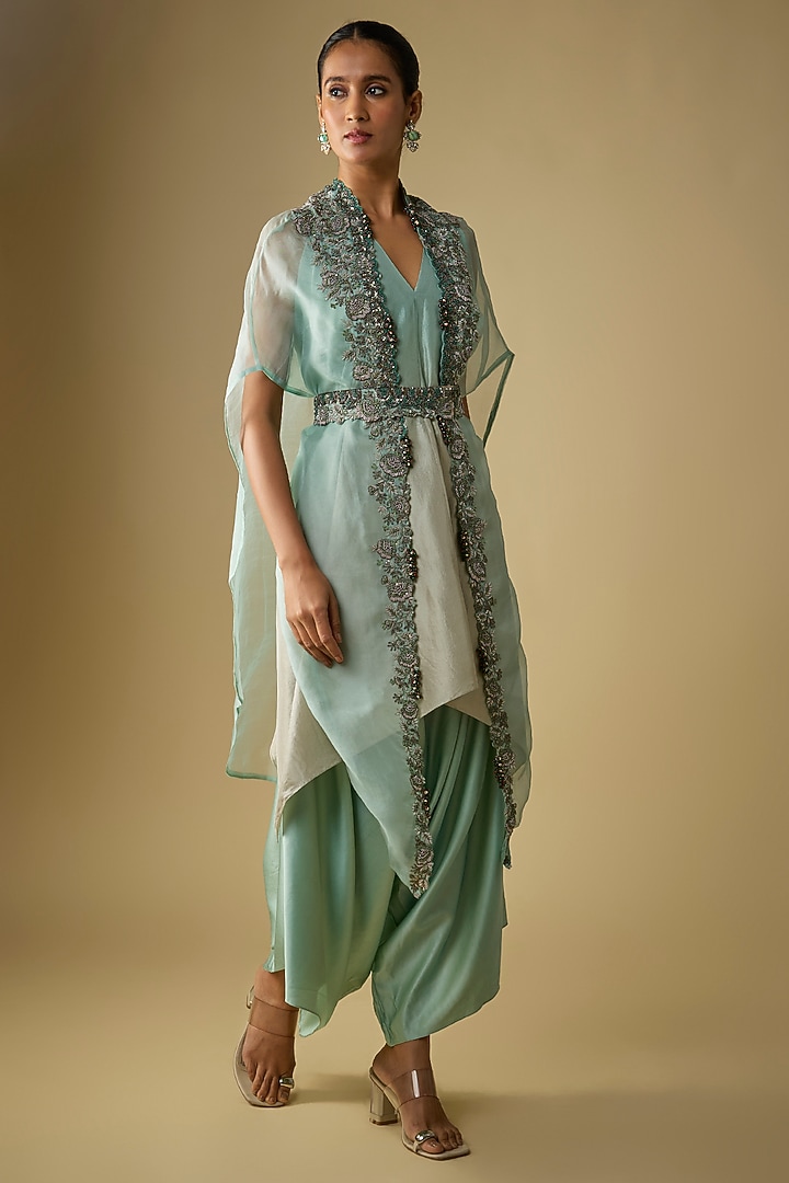 Aqua Organza Thread Work Cape Set by Prisho at Pernia's Pop Up Shop