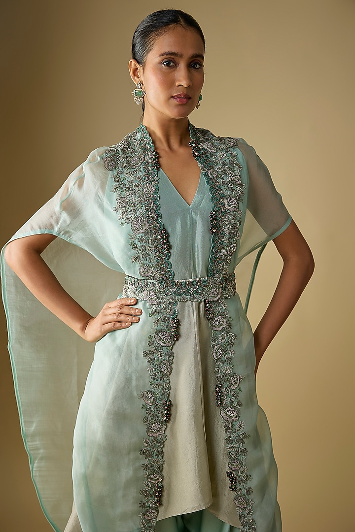 Aqua Organza Thread Work Cape Set by Prisho at Pernia's Pop Up Shop