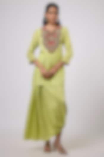 Lime Green Crushed Silk Dhoti Set by Prisho at Pernia's Pop Up Shop