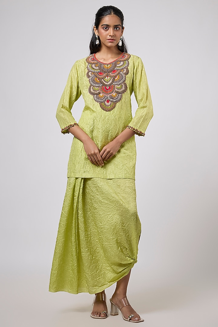 Lime Green Crushed Silk Dhoti Set by Prisho at Pernia's Pop Up Shop