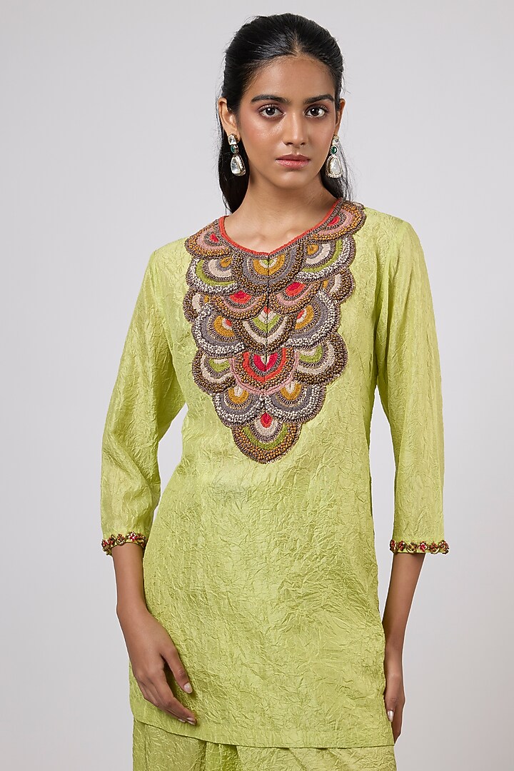 Lime Green Crushed Silk Dhoti Set by Prisho at Pernia's Pop Up Shop