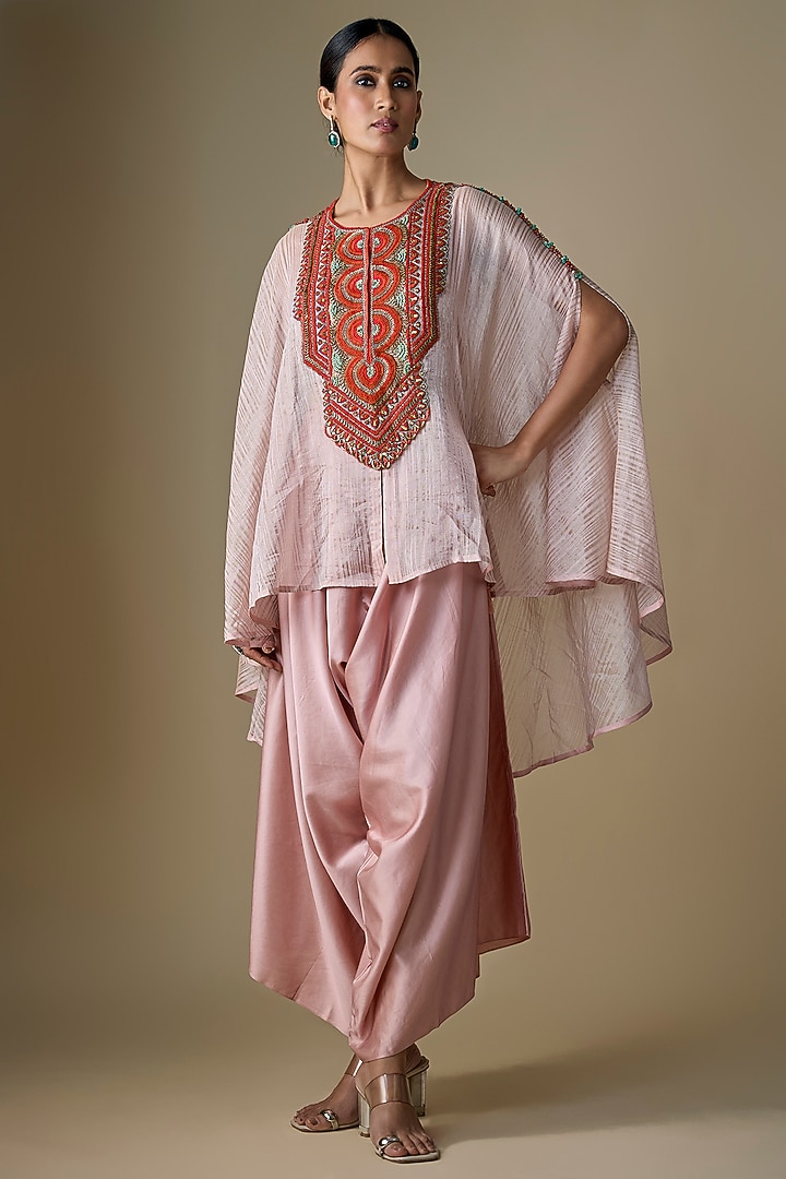 Peach Tissue Thread Work Kaftan Set by Prisho at Pernia's Pop Up Shop