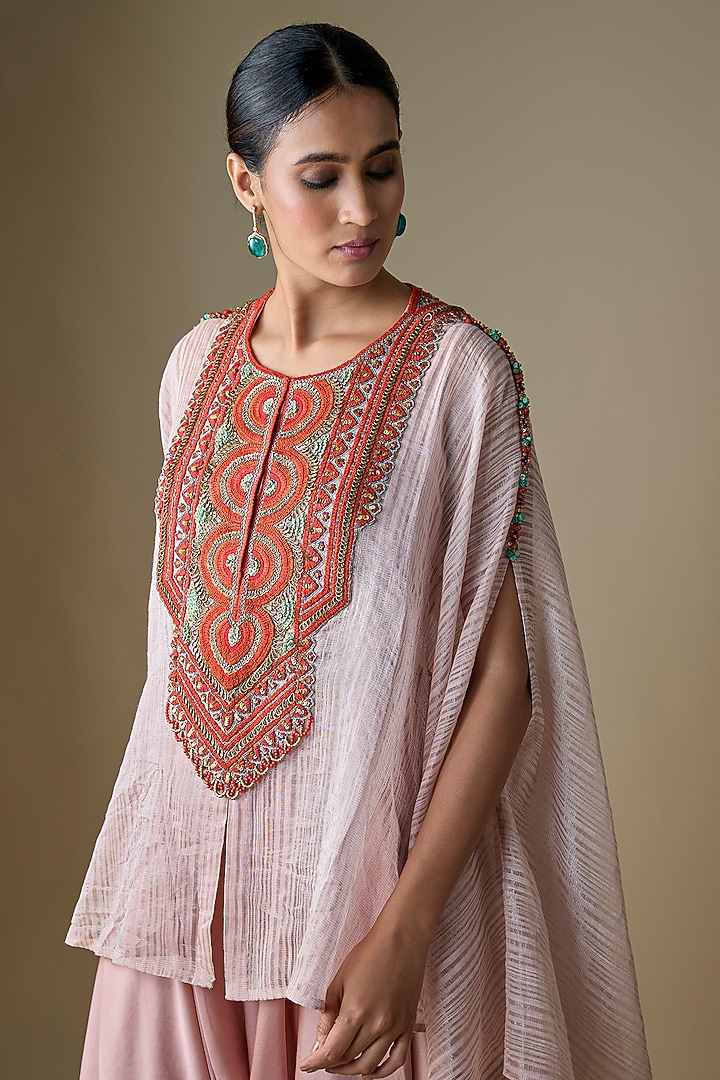 Peach Tissue Thread Work Kaftan Set by Prisho at Pernia's Pop Up Shop