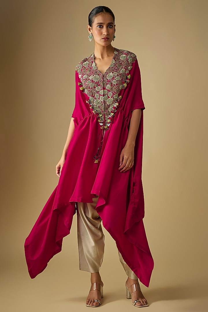 Cherry Red Silk Resham Work Kaftan Set by Prisho at Pernia's Pop Up Shop