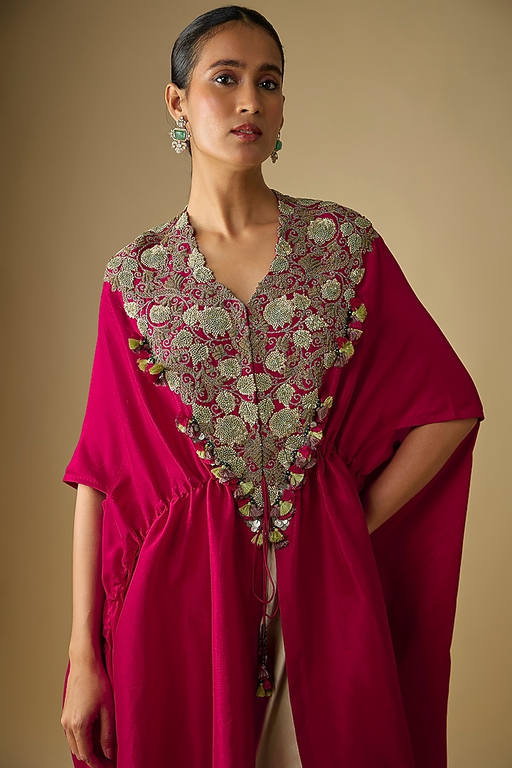 Cherry Red Silk Resham Work Kaftan Set by Prisho at Pernia's Pop Up Shop
