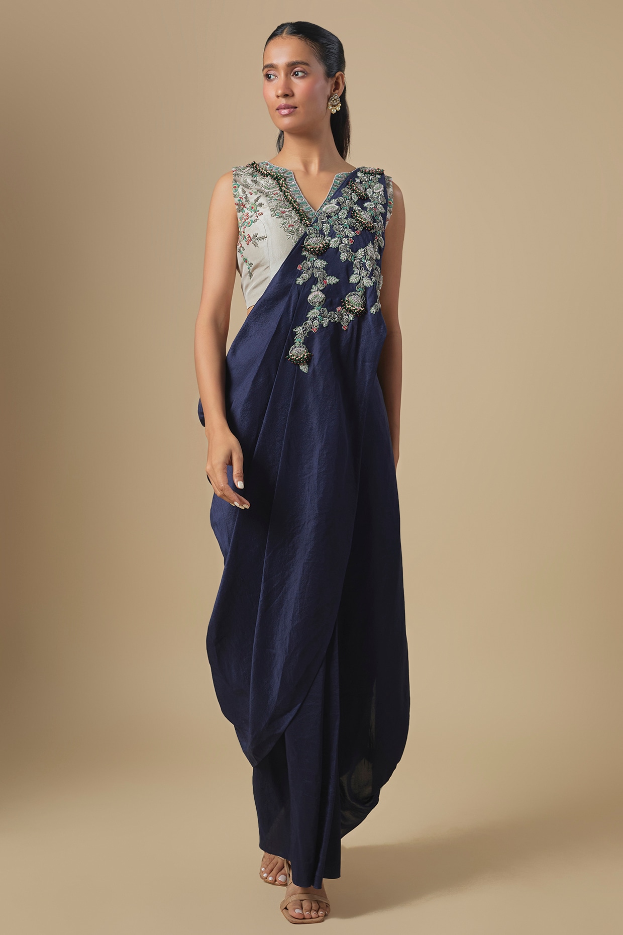 Prisho Royal Blue Silk Thread Embroidered Draped Saree Set