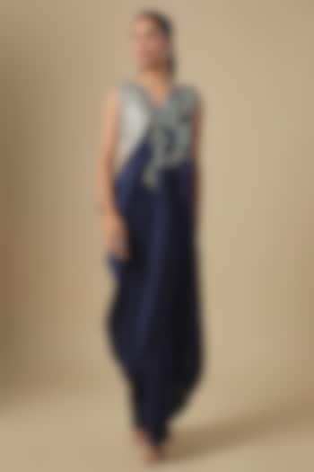 Royal Blue Silk Thread Embroidered Draped Wedding Saree Set by Prisho at Pernia's Pop Up Shop