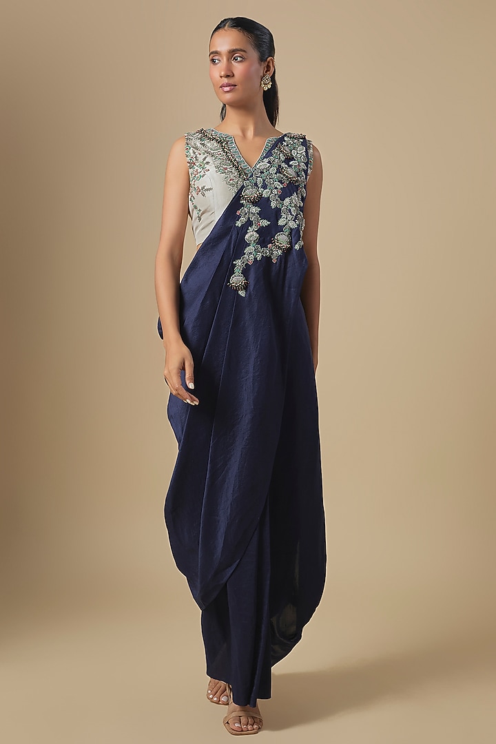 Royal Blue Silk Thread Embroidered Draped Wedding Saree Set by Prisho at Pernia's Pop Up Shop