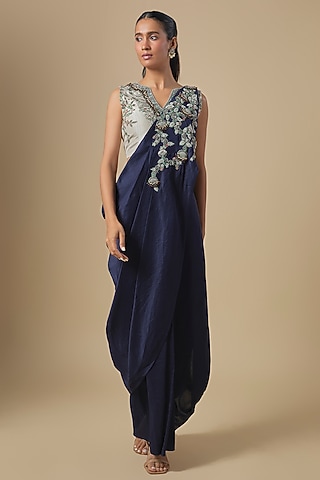 Royal Blue Silk Thread Embroidered Draped Saree Set by Prisho