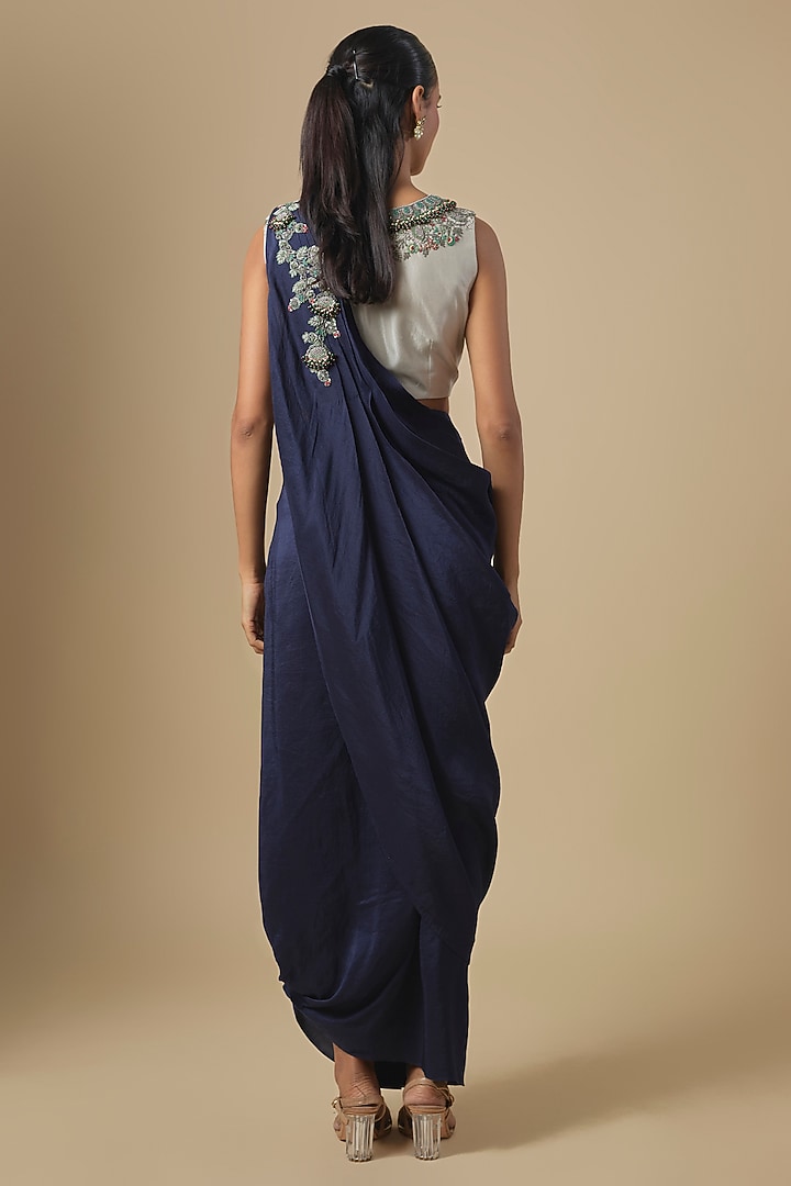 Royal Blue Silk Thread Embroidered Draped Wedding Saree Set by Prisho at Pernia's Pop Up Shop