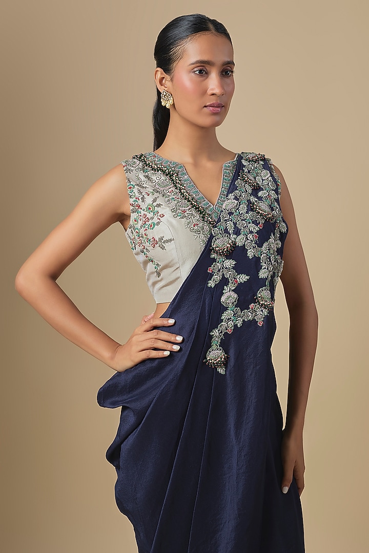 Royal Blue Silk Thread Embroidered Draped Wedding Saree Set by Prisho at Pernia's Pop Up Shop