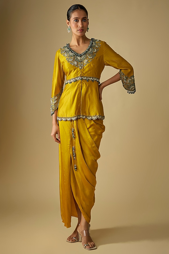 Mustard Modal Satin Skirt Set by Prisho at Pernia's Pop Up Shop
