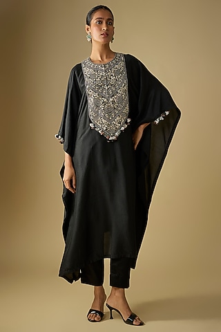 Black Silk Dori Work Kaftan Set by Prisho