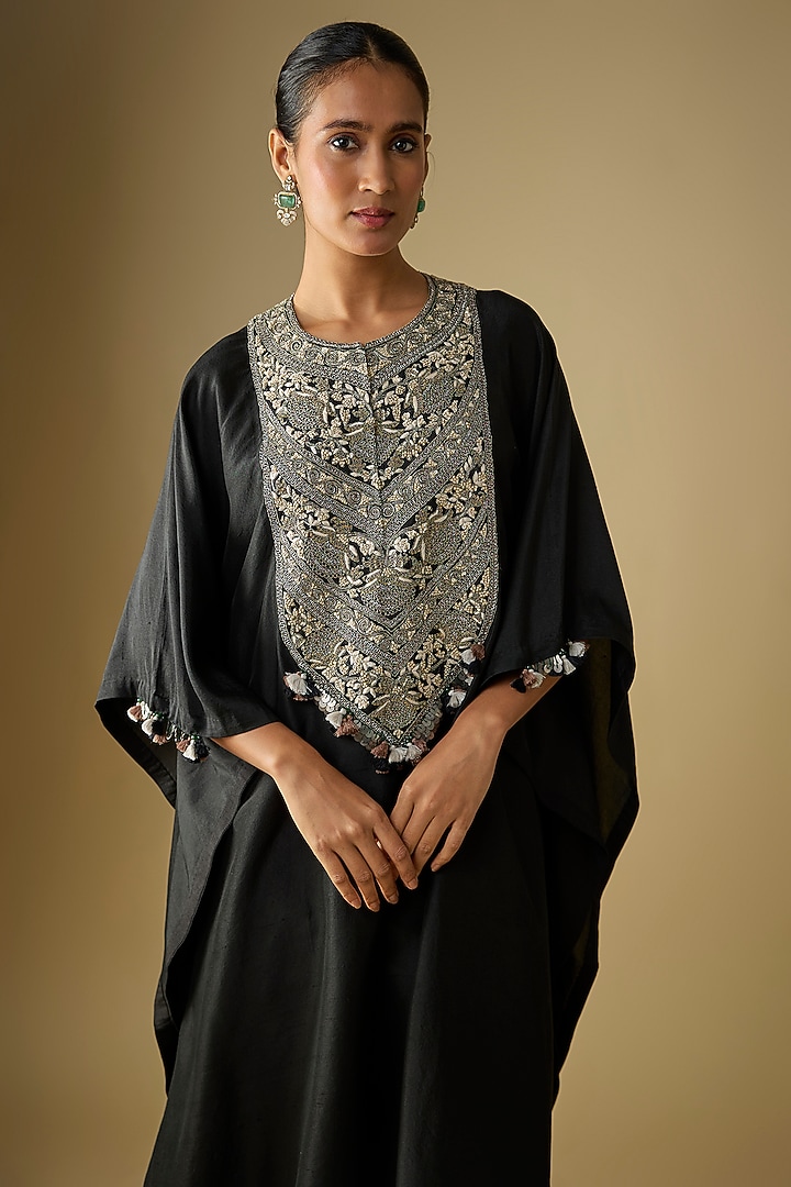 Black Silk Dori Work Kaftan Set by Prisho at Pernia's Pop Up Shop