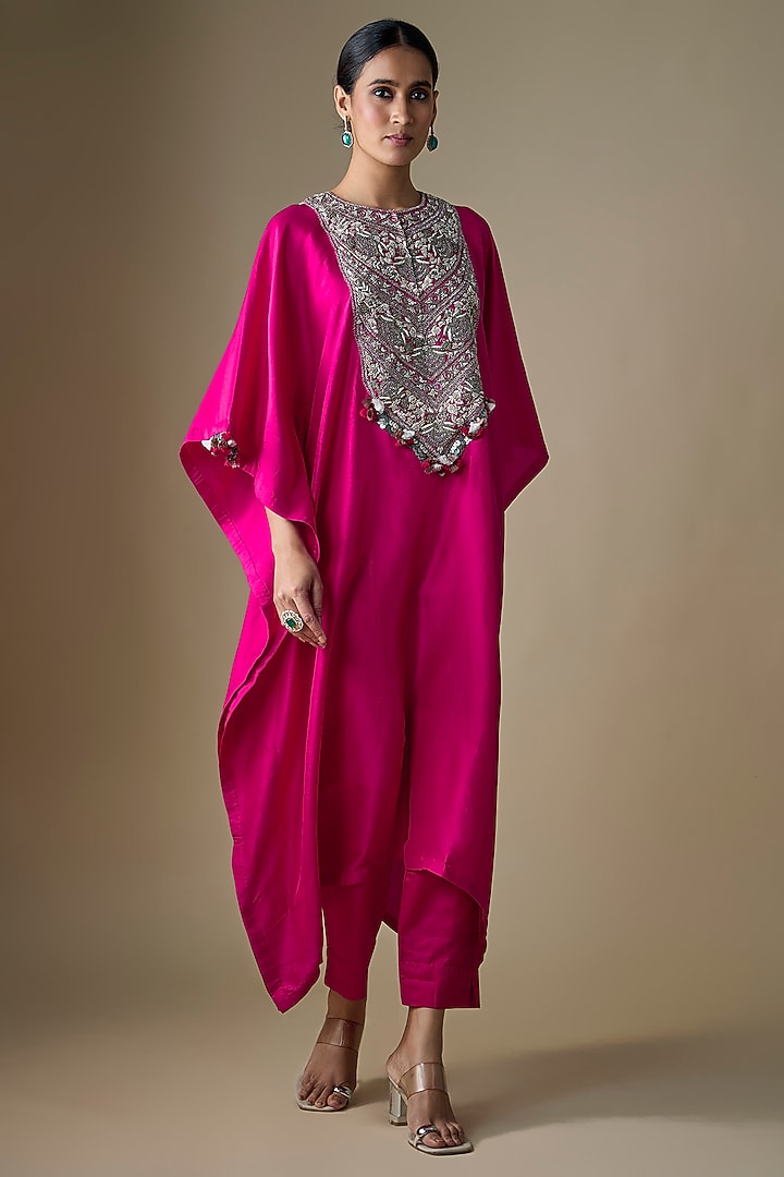 Fuchsia Silk Dori Work Kaftan Set by Prisho at Pernia's Pop Up Shop