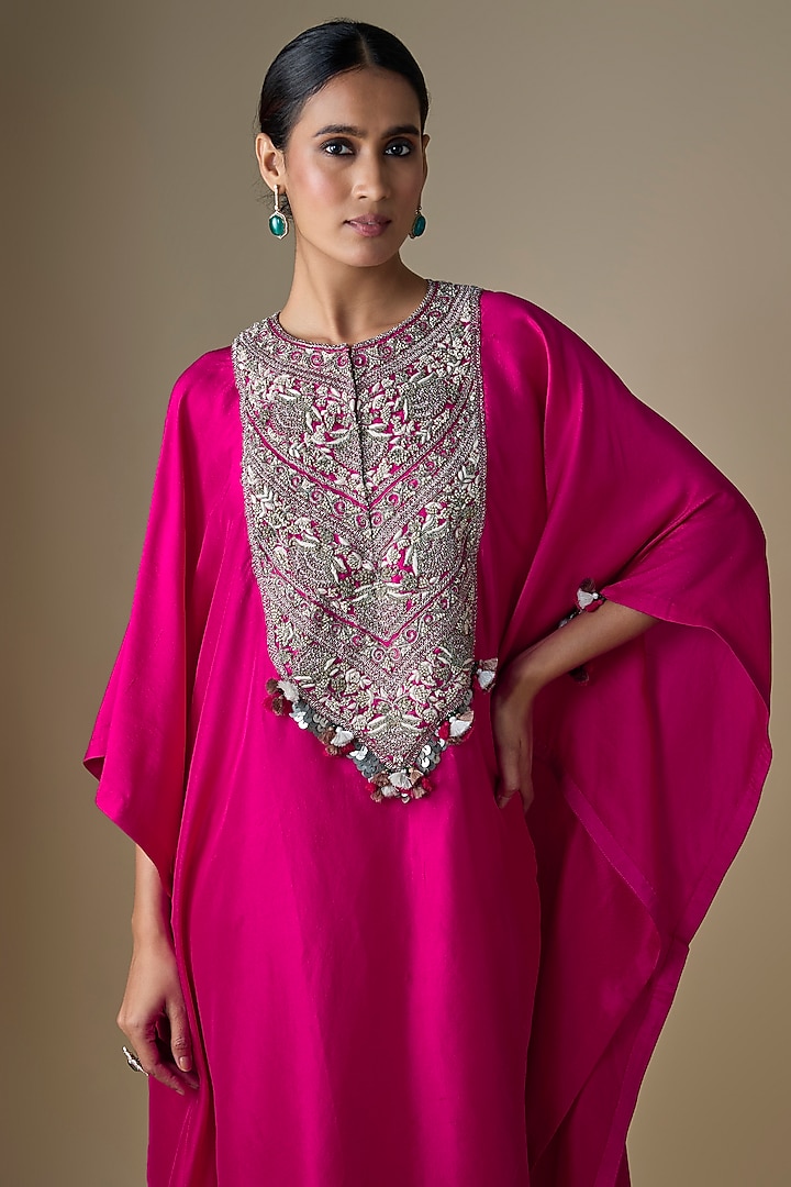 Fuchsia Silk Dori Work Kaftan Set by Prisho at Pernia's Pop Up Shop