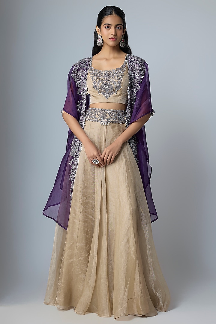 Beige Organza Maal Work Cape Set by Prisho at Pernia's Pop Up Shop