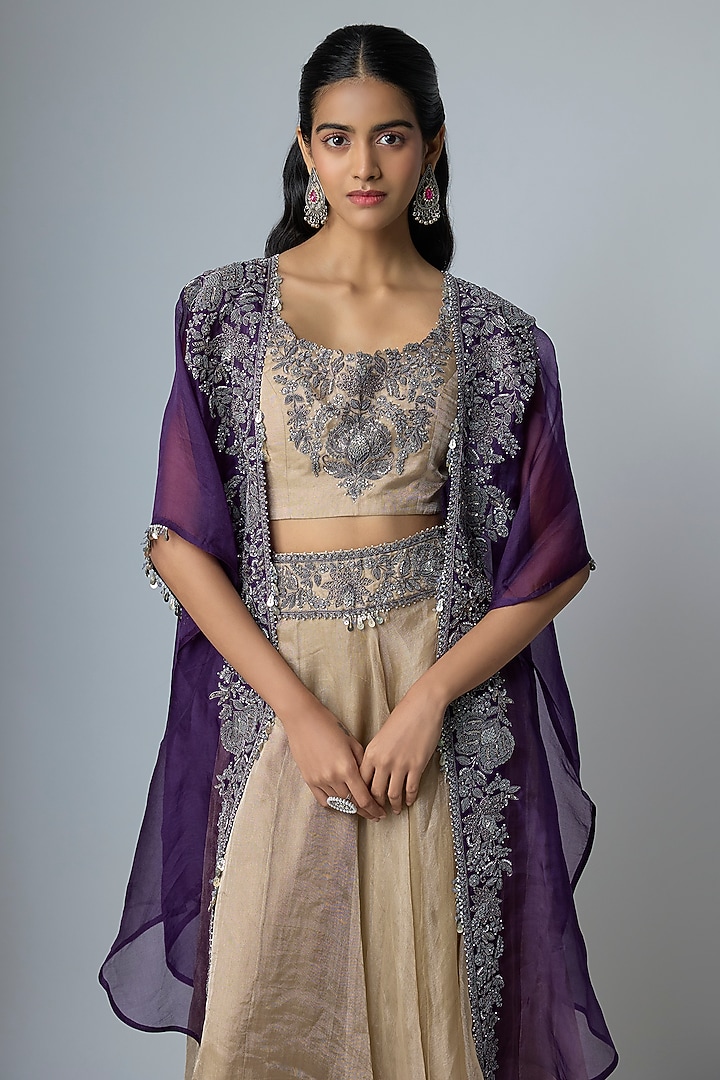 Beige Organza Maal Work Cape Set by Prisho at Pernia's Pop Up Shop
