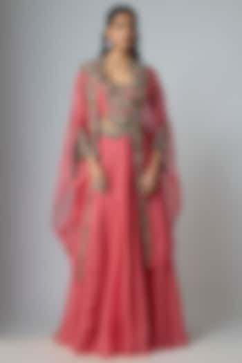 Coral Pink Silk & Organza Cape Set by Prisho at Pernia's Pop Up Shop