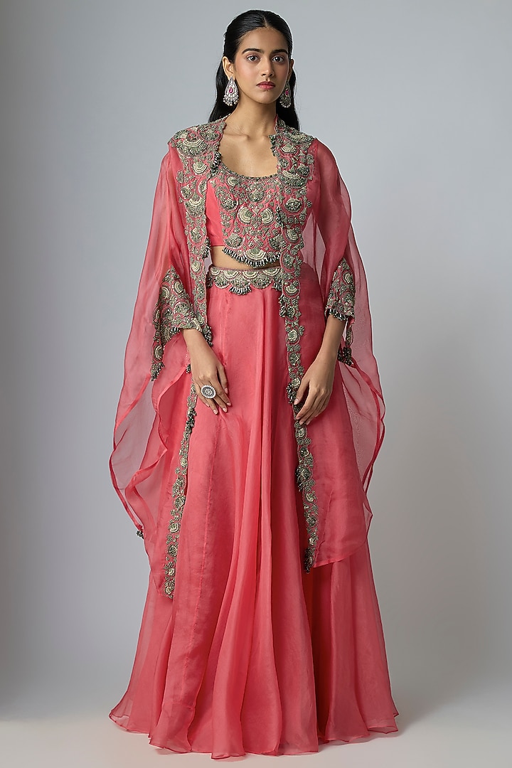 Coral Pink Silk & Organza Cape Set by Prisho at Pernia's Pop Up Shop