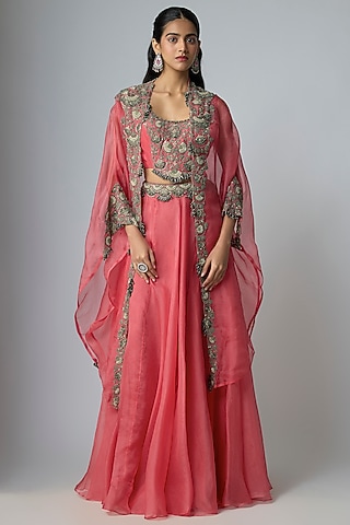 Coral Pink Silk & Organza Cape Set by Prisho