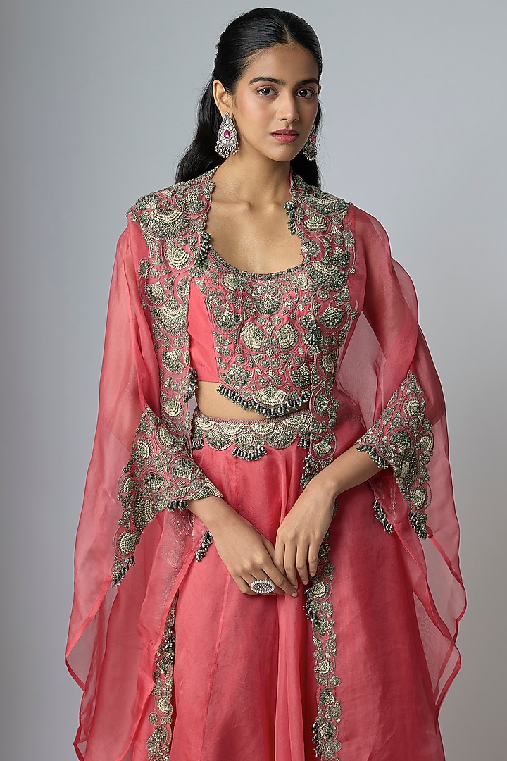 Coral Pink Silk & Organza Cape Set by Prisho at Pernia's Pop Up Shop