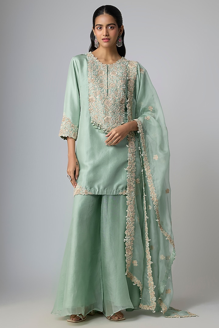 Aqua Silk Wedding Sharara Set by Prisho at Pernia's Pop Up Shop