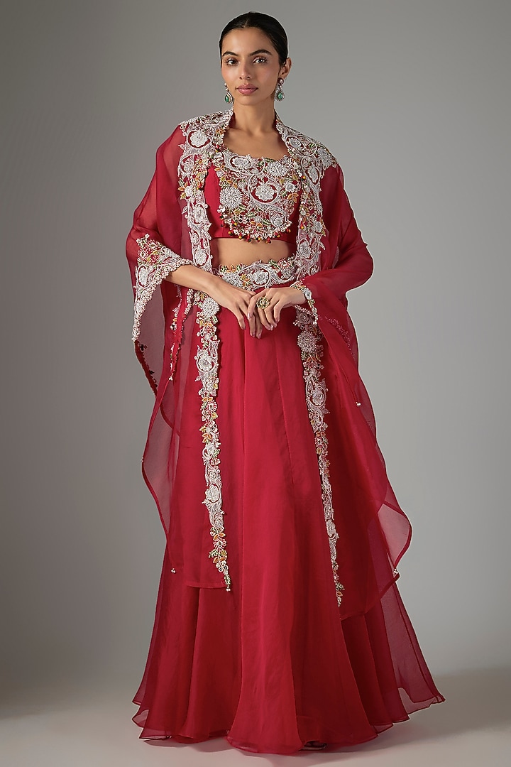 Blue Organza Thredwork Cape Set by Prisho at Pernia's Pop Up Shop