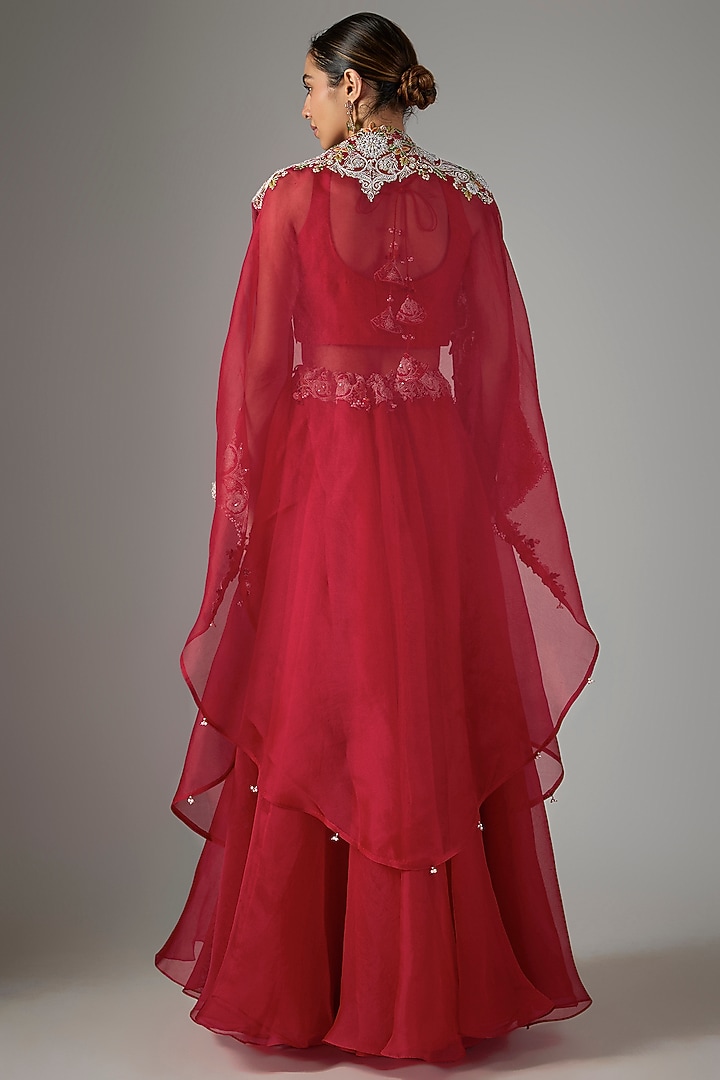 Red Organza Thredwork Cape Set by Prisho at Pernia's Pop Up Shop