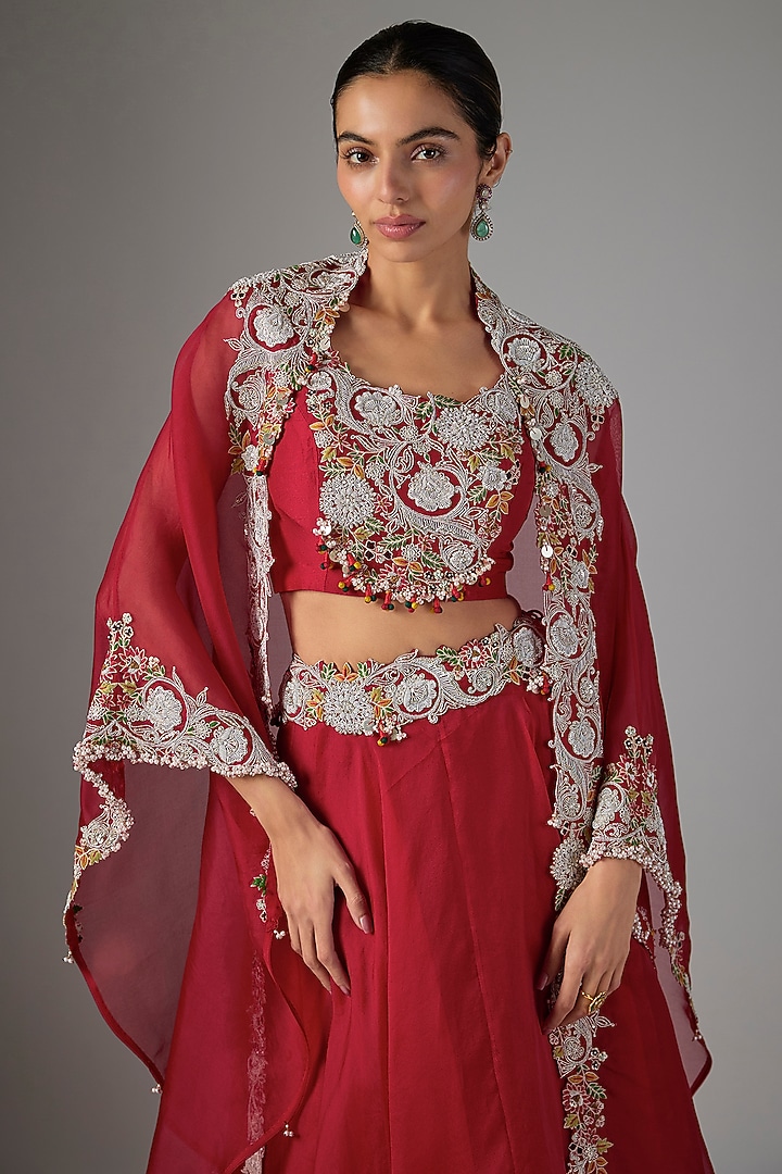 Red Organza Thredwork Cape Set by Prisho at Pernia's Pop Up Shop