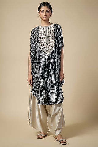 Black Bandhej Resham Work Kaftan Set by Prisho
