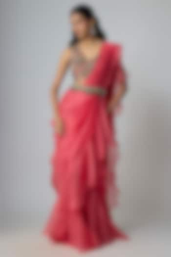 Coral Pink Silk & Organza Wedding Saree Set by Prisho at Pernia's Pop Up Shop