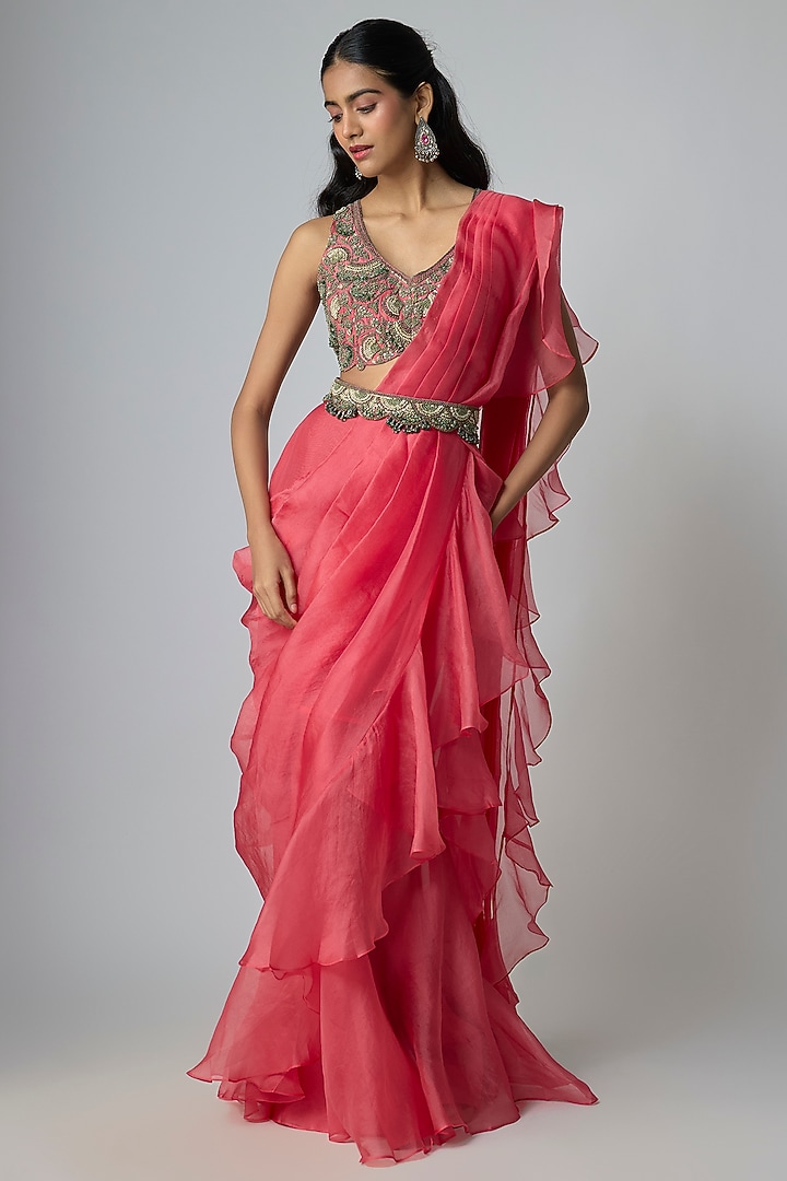 Coral Pink Silk & Organza Wedding Saree Set by Prisho at Pernia's Pop Up Shop