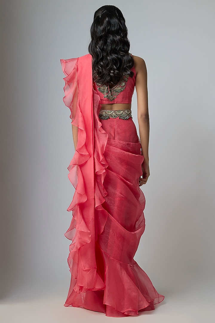 Coral Pink Silk & Organza Wedding Saree Set by Prisho at Pernia's Pop Up Shop