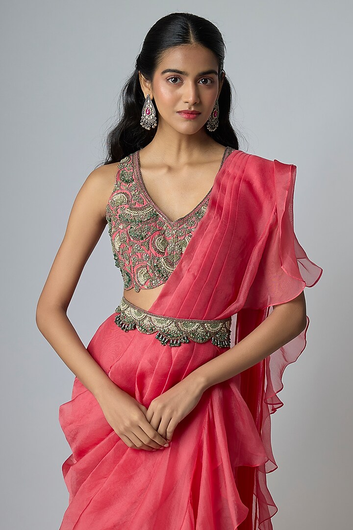 Coral Pink Silk & Organza Wedding Saree Set by Prisho at Pernia's Pop Up Shop