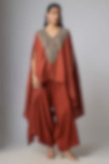 Dark Rust Crushed Silk Kaftan Set by Prisho at Pernia's Pop Up Shop
