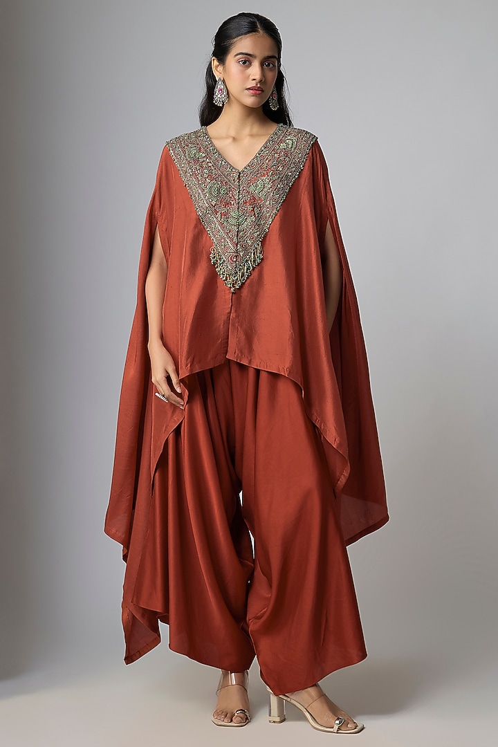 Dark Rust Crushed Silk Kaftan Set by Prisho at Pernia's Pop Up Shop