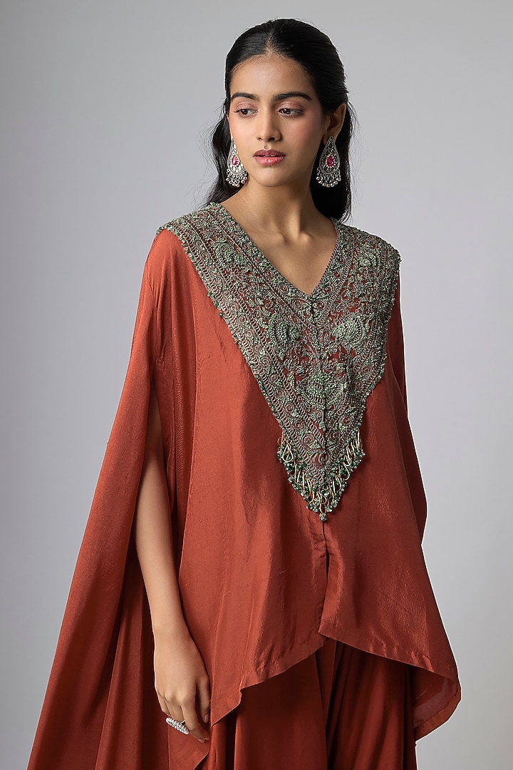 Dark Rust Crushed Silk Kaftan Set by Prisho at Pernia's Pop Up Shop