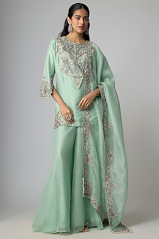 Aqua Silk Sharara Set by Prisho