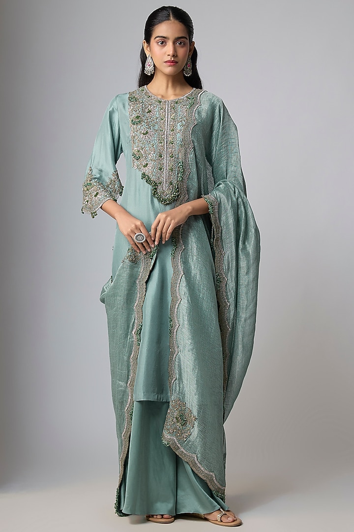 Aqua Silk Kurta Set by Prisho at Pernia's Pop Up Shop