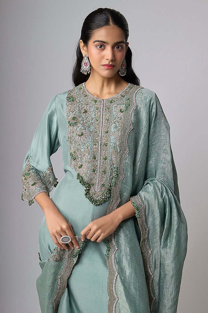 Aqua Silk Kurta Set by Prisho at Pernia's Pop Up Shop