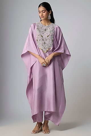 Lavender Silk Dori Work Kaftan Set by Prisho