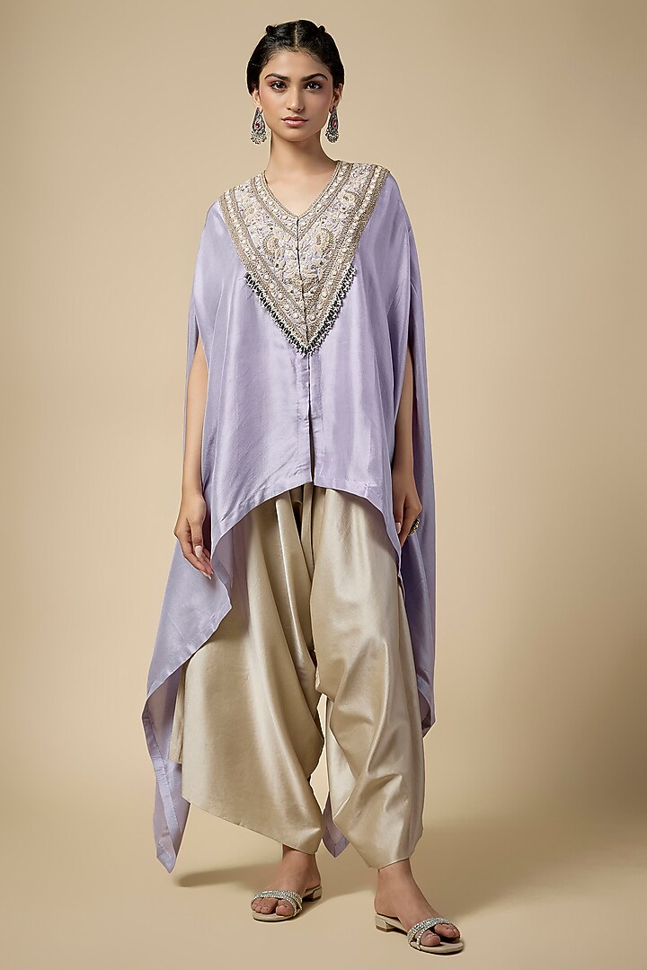 Lavender Silk Resham Work Kaftan Set by Prisho at Pernia's Pop Up Shop